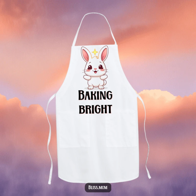 Funny rabbit apron showing a cheerful bunny holding a radiant light, its eyes sparkling, ideal for a joyful cook or baker.