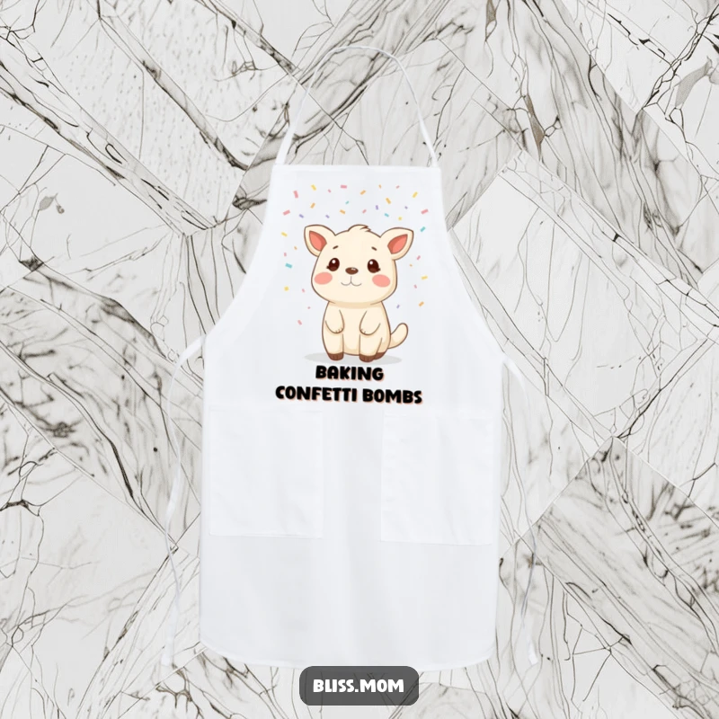 Funny animal apron decorated with falling confetti, ready for kitchen fun and adding cheer to cooking tasks.