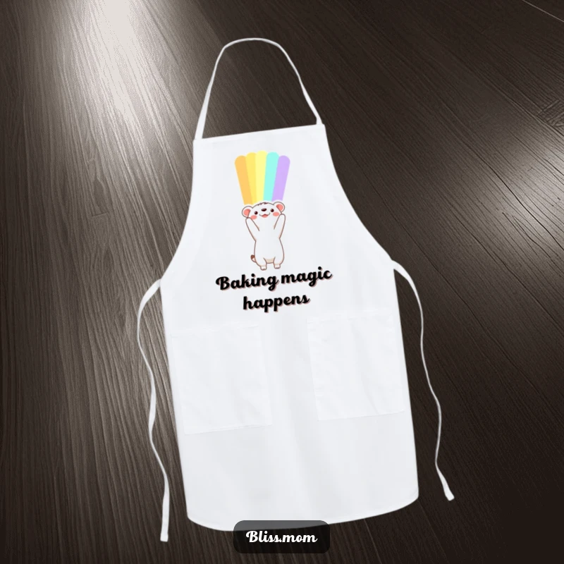 Funny animal apron reaching towards a vibrant rainbow, perfect for adding a touch of magic to cooking.