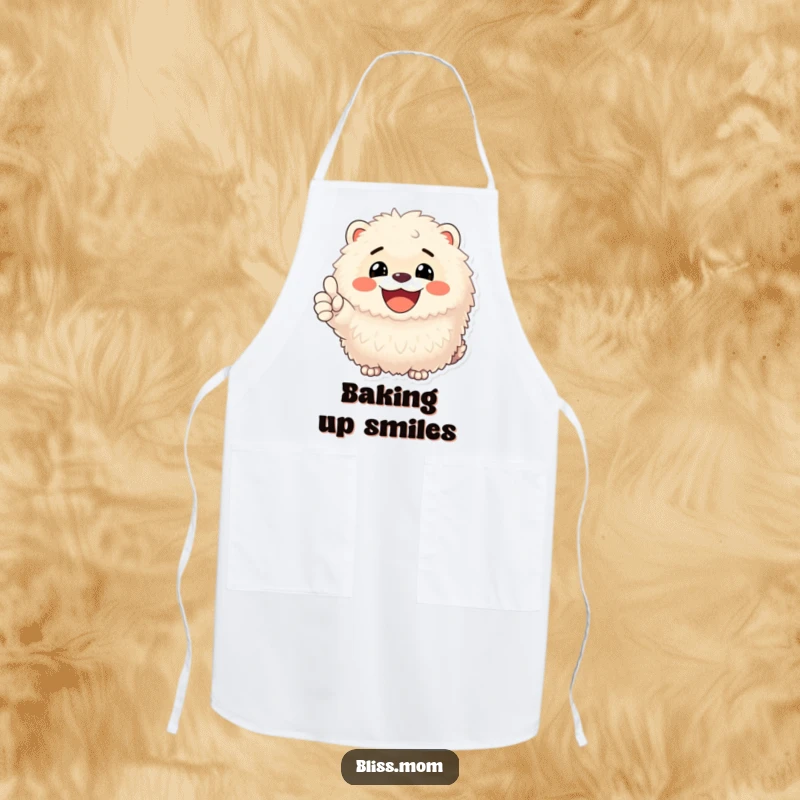 Funny apron adorned with a fluffy animal beaming with infectious joy and giving a classic thumbs up sign.