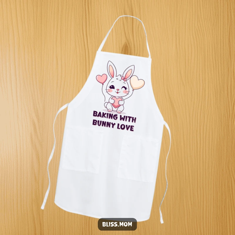 Funny apron featuring a cheerful bunny mom with rosy cheeks holding a heart balloon, ideal for kitchen fun.