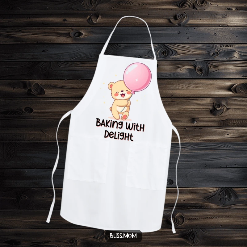 Funny apron featuring a bear cub hugging a large, sparkly balloon, bringing joy and cuteness to the kitchen.