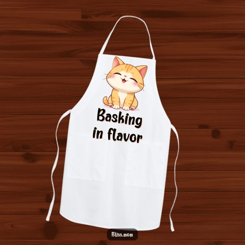Funny Cat Apron: a joyful cat in a chef's hat with eyes closed, basking in a sunbeam, ready to cook peacefully.