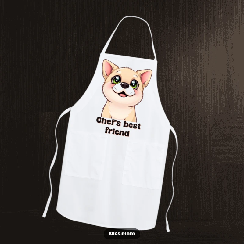 Funny apron depicting a content dog looking up with sparkling eyes, bringing joy and happy vibes to cooking.