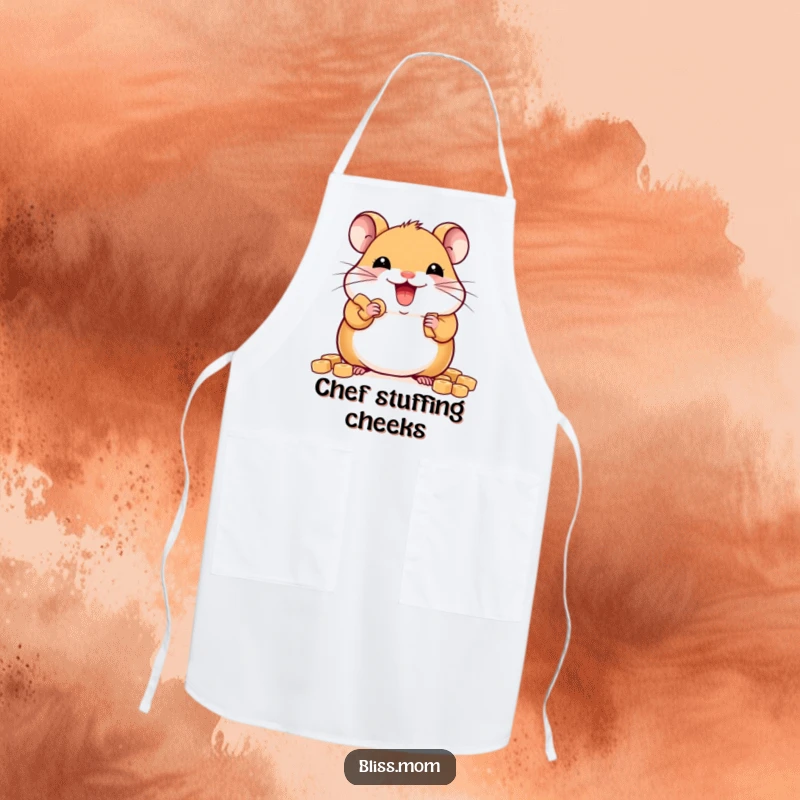 Funny delighted kawaii hamster stuffing cheeks with treats, cute rodent kitchen apron, baking fun, perfect funny gift.