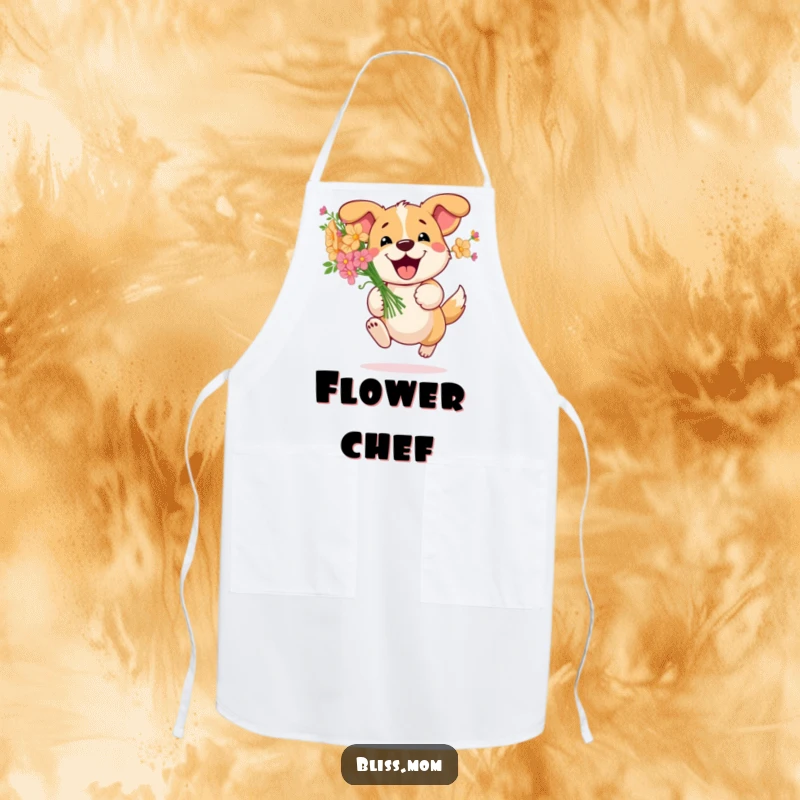 Funny Dog Flower Apron: Happy dog bounds with a bouquet of flowers while cooking. A cheerful and funny kitchen essential.