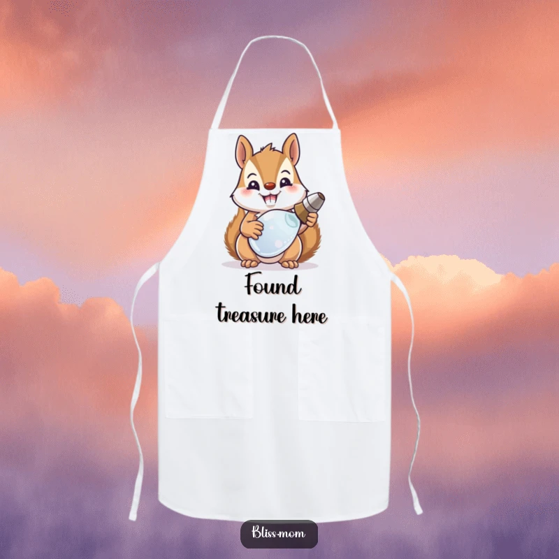 Funny squirrel mom proudly displaying a shiny recovered object on this humorous and practical apron.