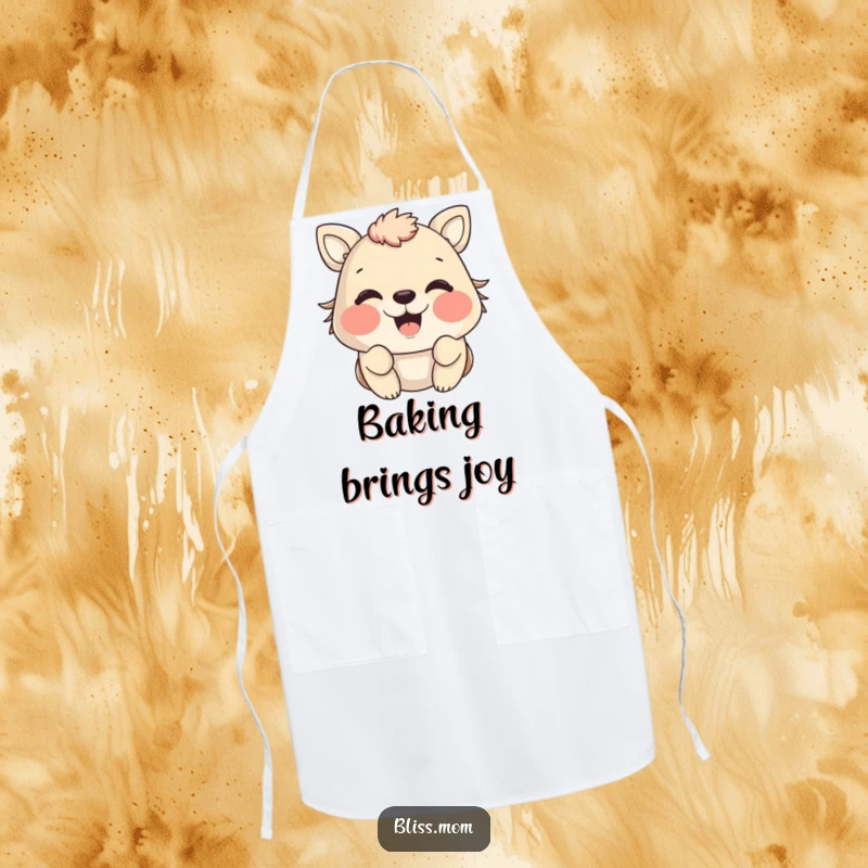 Funny animal apron with cheeks puffed out radiating pure happiness, perfect for cheerful cooking and kitchen activities.