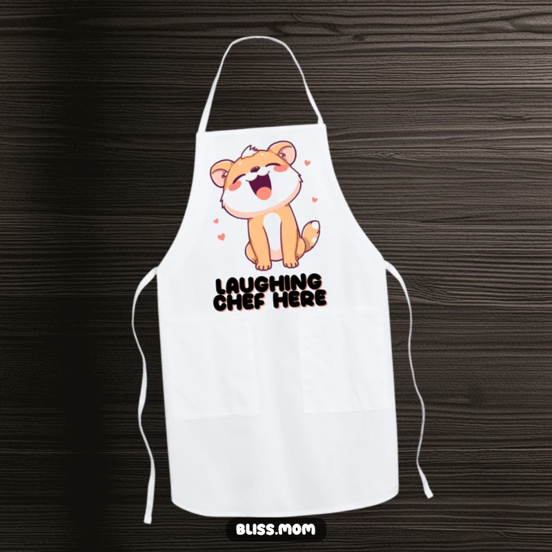 Funny apron with an animal throwing its head back in hearty laughter, perfect for adding humor to kitchen activities.
