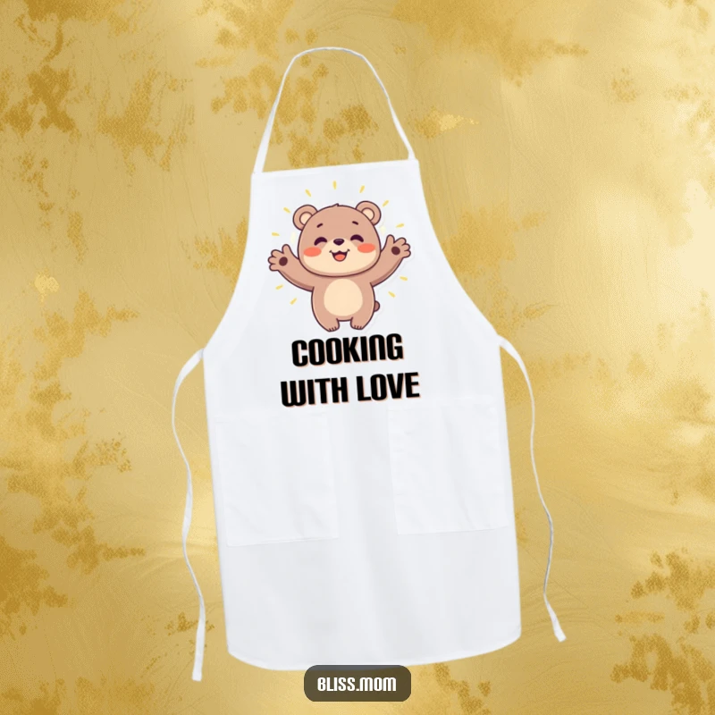 Funny bear apron showing a smiling bear embracing a glowing aura, perfect for a cheerful cook who loves spreading positivity.