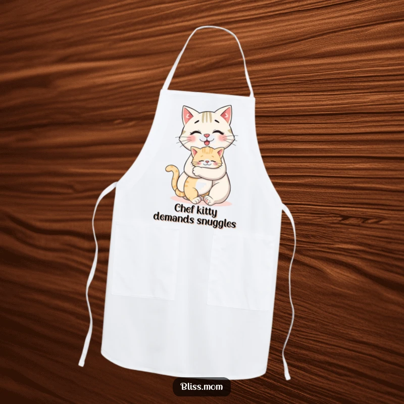 Funny apron featuring a smiling cat mom getting a giant hug from her kitten, ideal for kitchen fun.