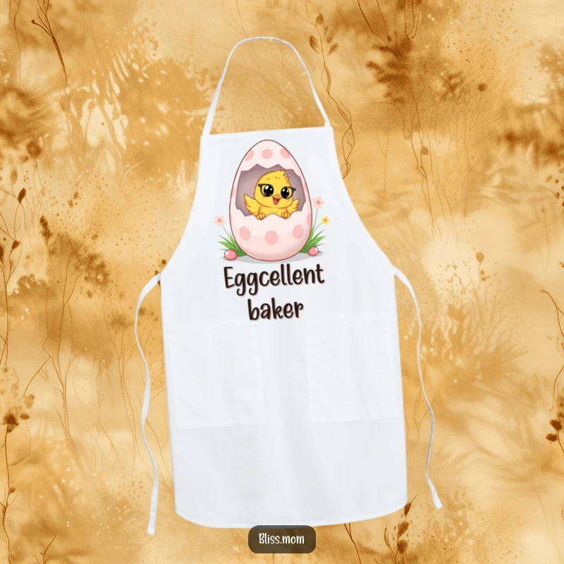 Funny Chick Mom Easter Apron, depicting a chick mom peeking from an egg, perfect for cheerful baking and cooking fun. A fun gift.