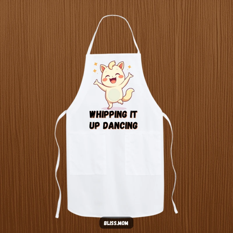 Funny apron featuring a creature energetically dancing while cooking, perfect for adding humor to the kitchen.