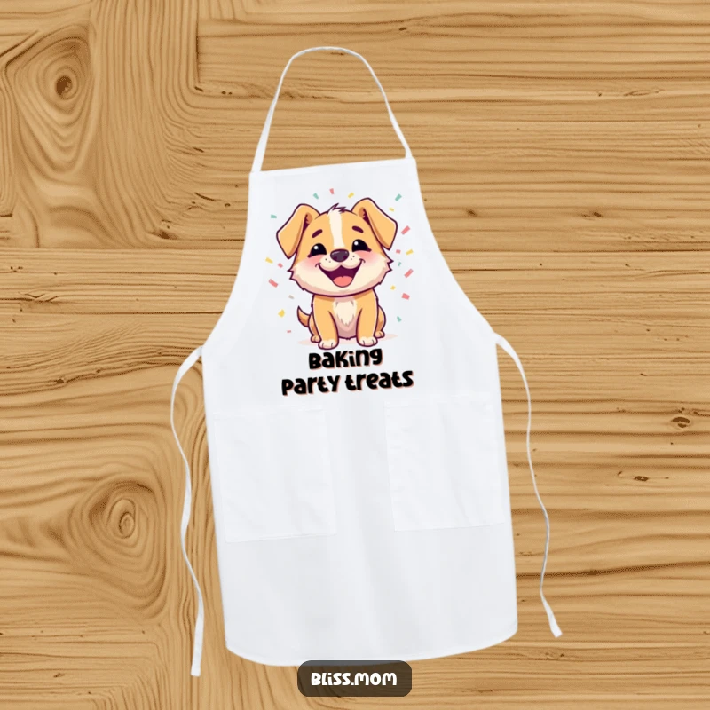 Funny apron with a happy dog character with a beaming smile, surrounded by colorful confetti, perfect for cooking with festive humor.
