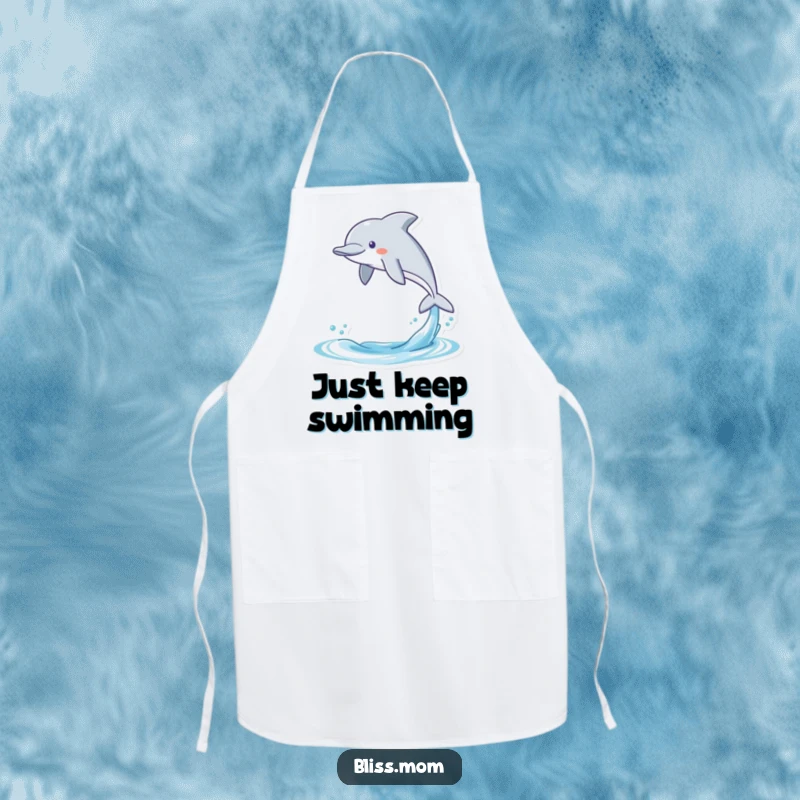 Funny apron displaying a happy kawaii dolphin leaping, perfect for adding a humorous and aquatic touch to kitchen activities.