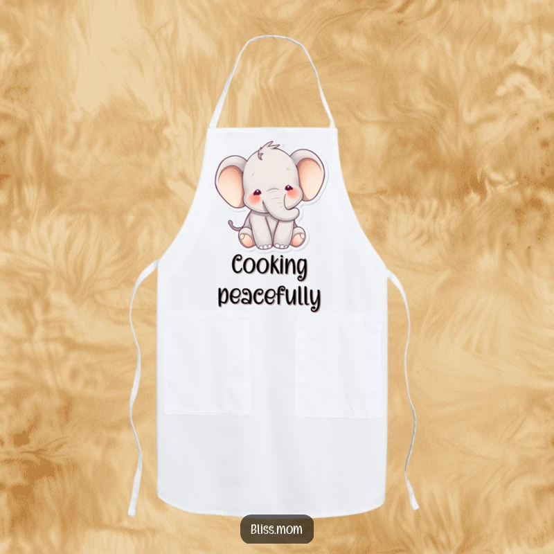 Funny elephant apron showing a happy elephant with a peaceful expression surrounded by soft hues, ideal for a calm cook or baker.