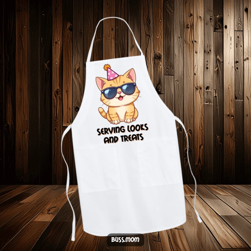 Funny apron depicting a giggling cat wearing sunglasses and a party hat, ready to add humor to any cooking session.