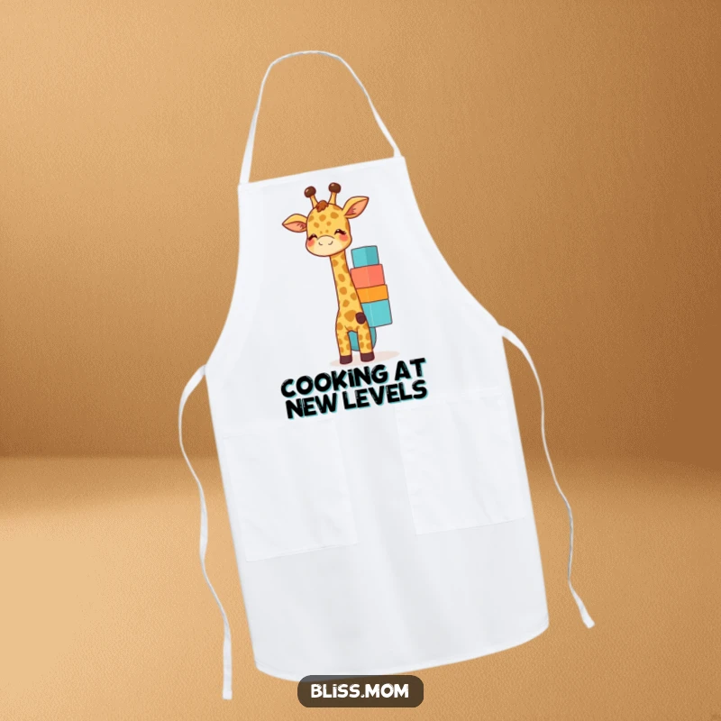 Funny giraffe mom apron showcasing a giggling mother giraffe balancing colorful blocks, adding fun to cooking.
