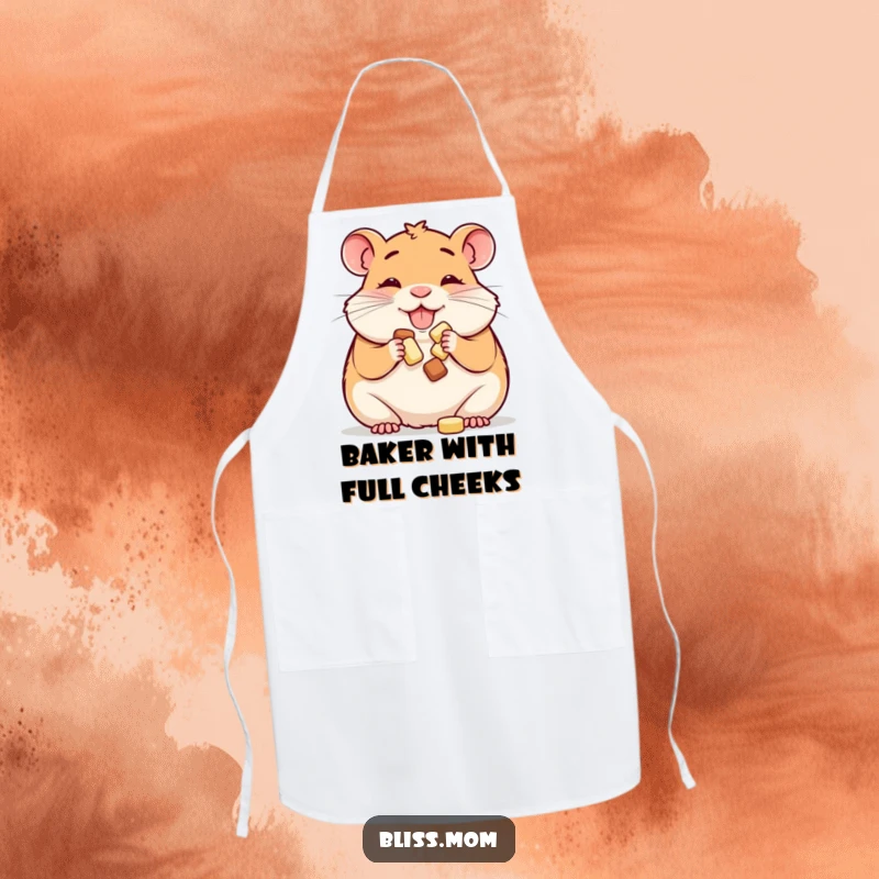 Funny apron: a happy hamster mom happily stuffing her cheeks with treats, perfect for kitchen fun and small pet mom pride.