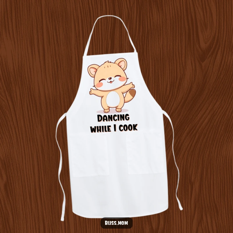 Funny apron showcasing an animal dancing happily with eyes closed, a humorous and practical accessory for any chef.