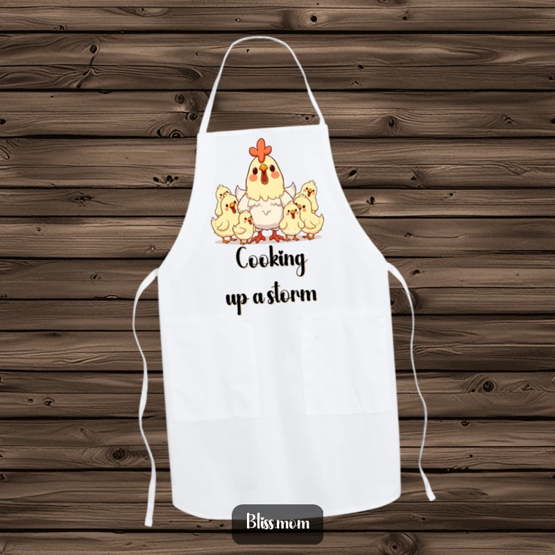 Funny hen mom apron featuring a delighted mother hen surrounded by clucking, happy chicks, adding charm to cooking.