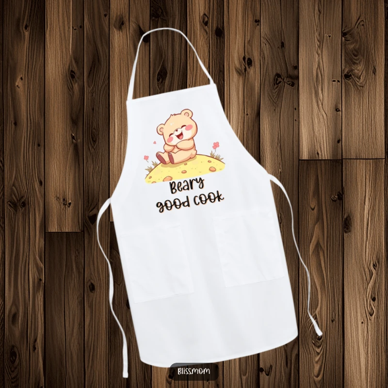 Funny kawaii bear cub giggling while rolling down a hill, on a kitchen apron, adding a playful touch to cooking.