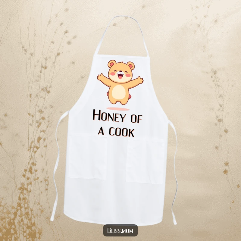 Funny Kawaii Bear Mom Apron: A bear mom jumps joyfully with open arms. Functional and humorous accessory for the kitchen.