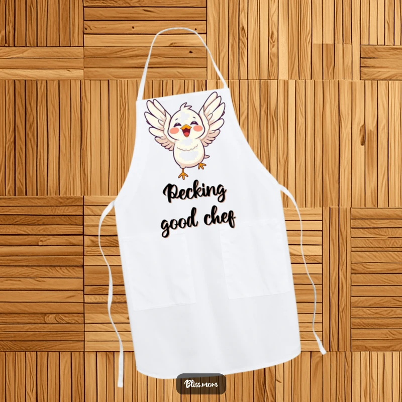 Funny laughing kawaii bird with wings spread wide in flight, cute bird kitchen apron, baking fun, perfect funny gift.