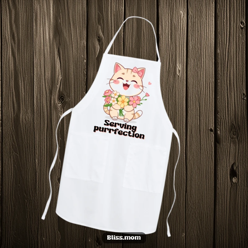 Funny Kawaii Cat Mom Apron: A happy cat mom laughs heartily, holding flowers. Ideal for cooking, this apron is a humorous kitchen accessory.