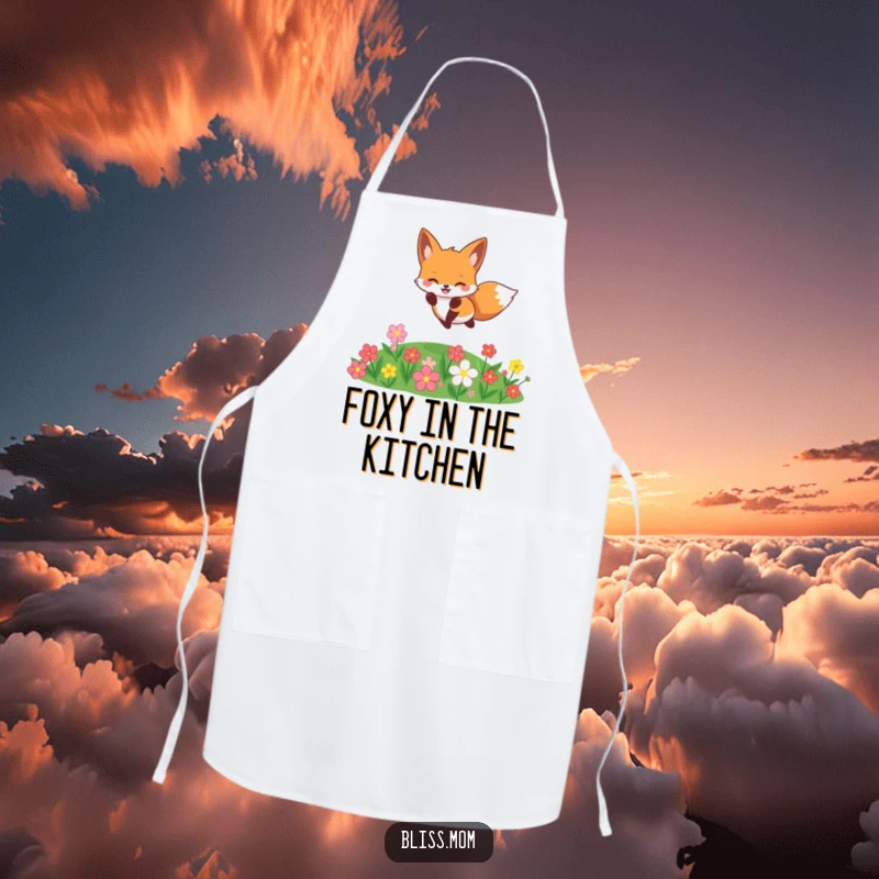 Funny cheerful kawaii fox jumping over flowers, cute kitchen apron, baking fun, perfect funny gift for cooks.