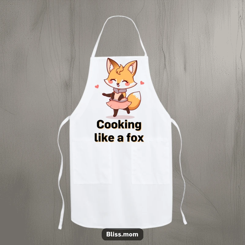 Funny Kawaii Fox Mom Apron: A fox mom twirls gracefully with a smile. Functional and humorous accessory for the kitchen.