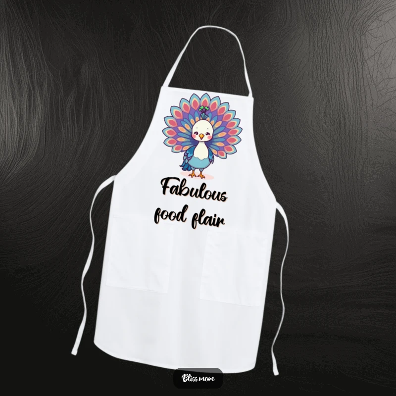 Funny Kawaii Peacock Mom Apron, spreading colorful tail feathers with pride while in the kitchen, adding flair to cooking.