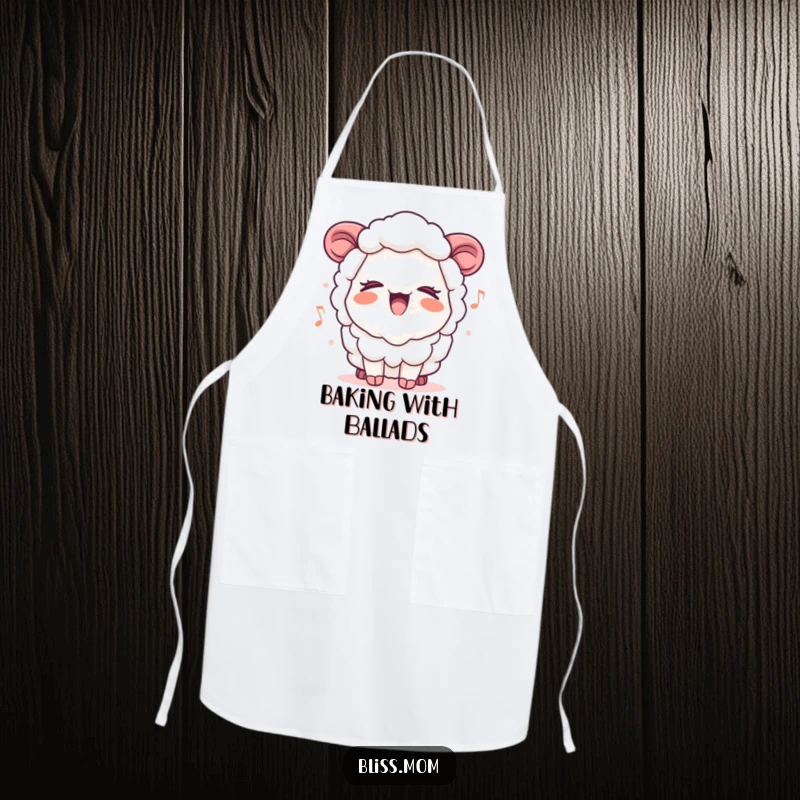 Funny Kawaii Sheep Mom Apron, singing a cheerful tune with eyes closed in the kitchen, adding musical joy to cooking.