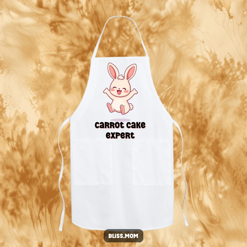 Funny Mama Bunny Apron, designed with a kawaii bunny bouncing with pure delight, perfect for cheerful cooking and baking. A fun gift.