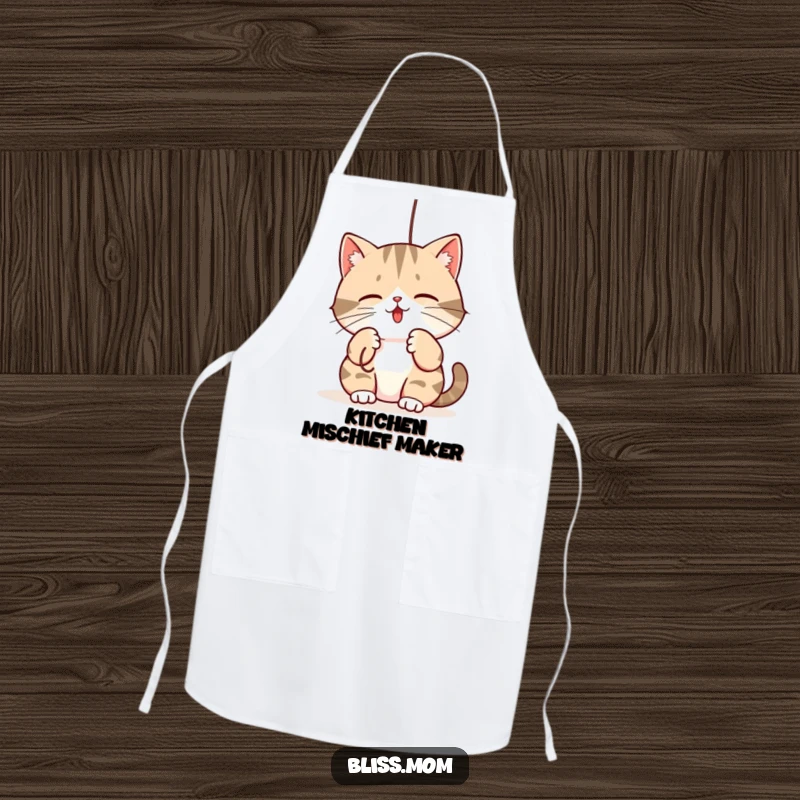 Funny apron: a kawaii mama cat playfully batting at a dangling string, perfect for kitchen fun and cat mom pride.