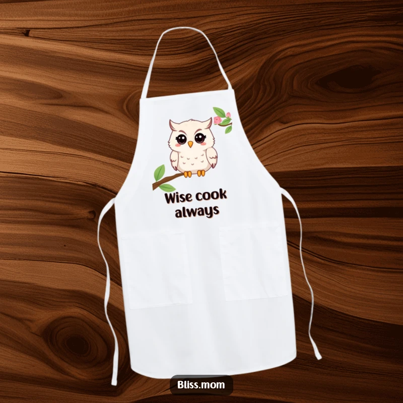Funny Mama Owl Apron, featuring a beaming owl with a twinkle, perfect for cheerful cooking and baking. A fun gift.