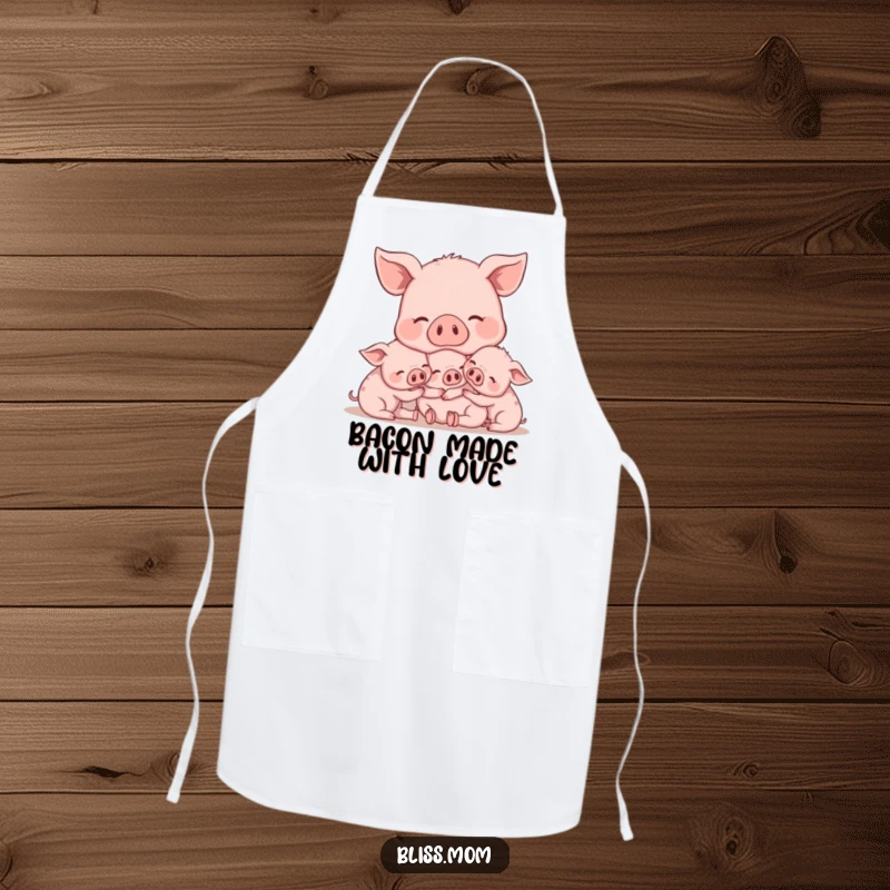 Funny Mama Pig Apron, featuring a content mama pig snuggling her piglets, perfect for cheerful baking and cooking. A fun gift.