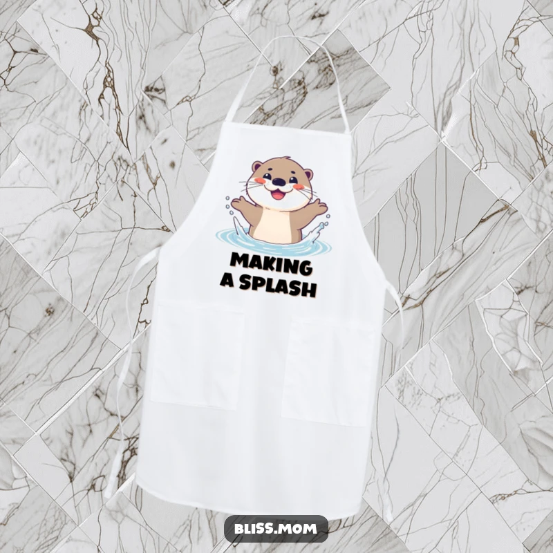 Funny apron depicting a happy otter joyfully splashing in water, its wide smile bringing playful energy to the kitchen.