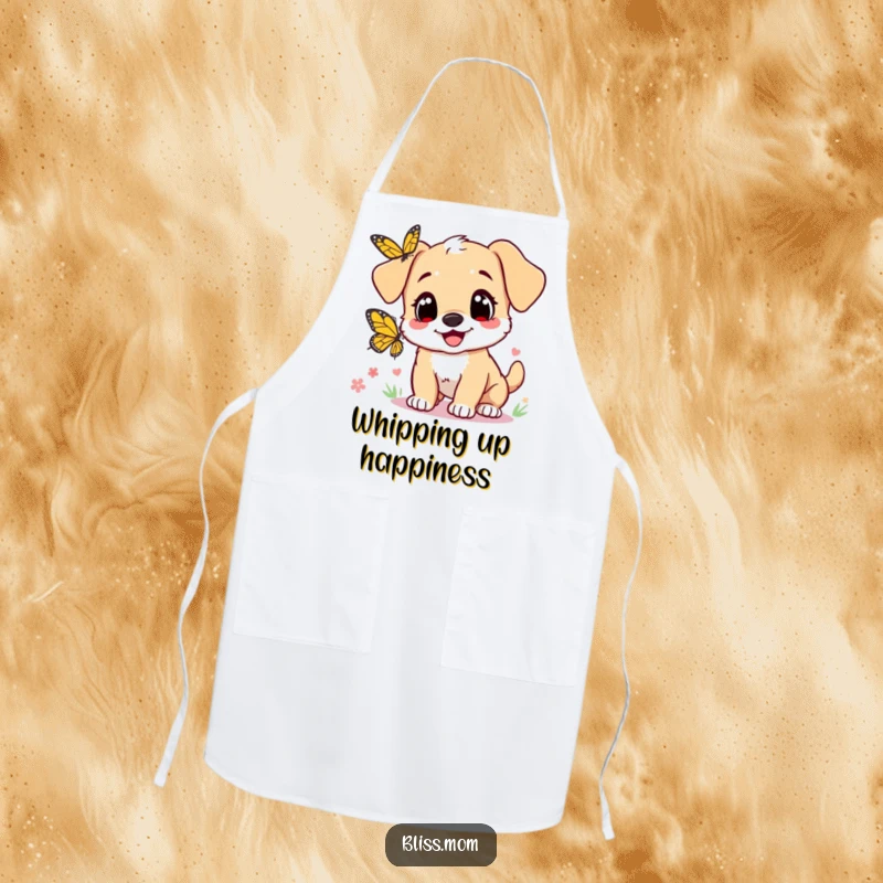 Funny apron: a cute puppy mom with heart eyes joyfully chasing a butterfly, perfect for kitchen antics and dog mom pride.