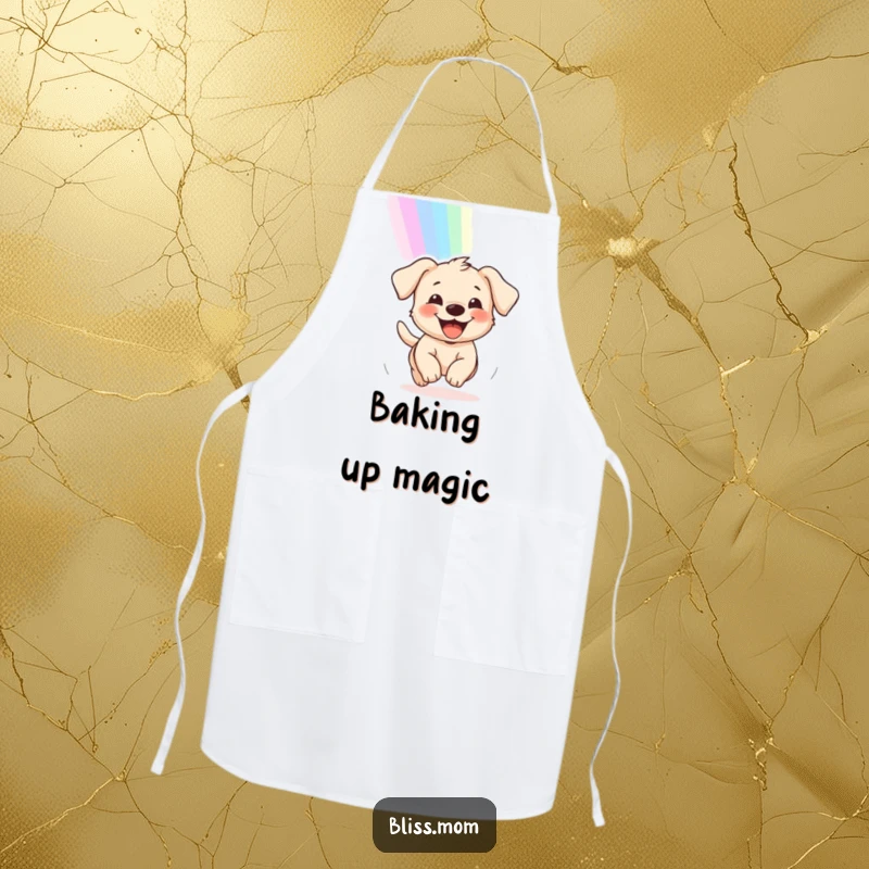 Funny apron featuring a happy puppy with a big grin, chasing a rainbow, perfect for adding cheer to cooking.