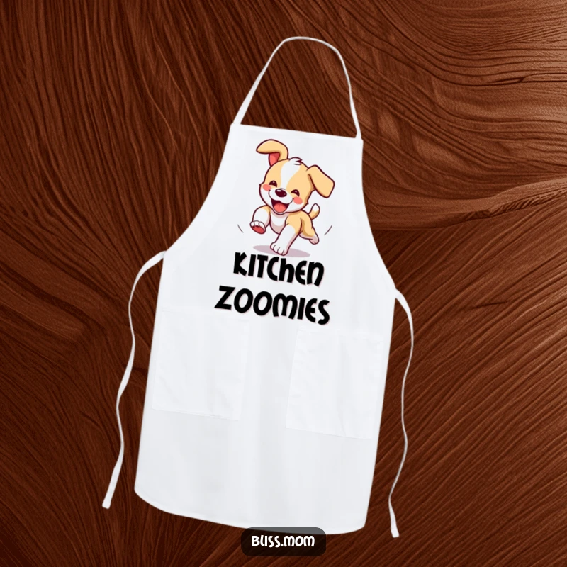 Funny Apron: A happy puppy chasing its tail in circles, a cute kitchen accessory.