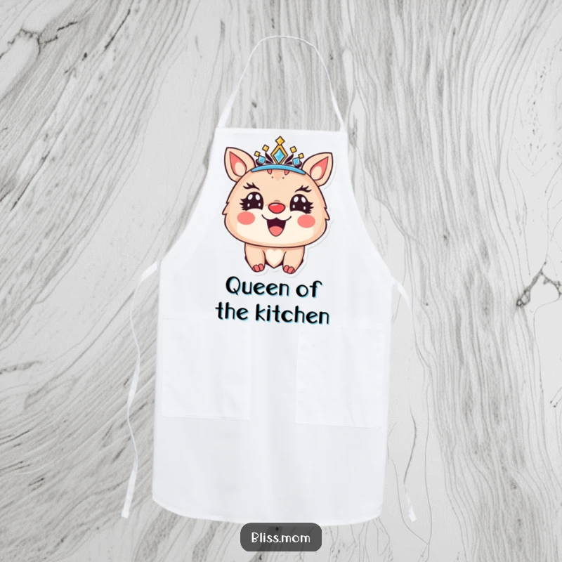 Funny apron adorned with a joyful animal wearing a sparkling crown and a radiant smile, adding a humorous and regal touch to cooking.
