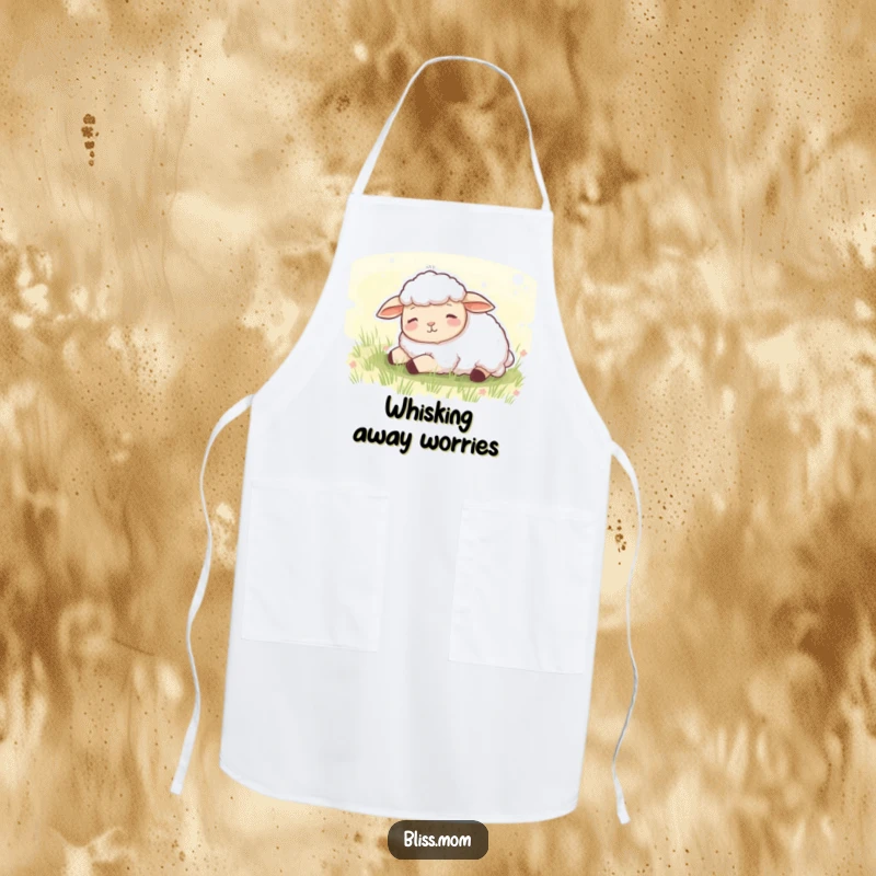 Funny apron with a content sheep dozing peacefully in a green meadow, perfect for tranquil cooking.