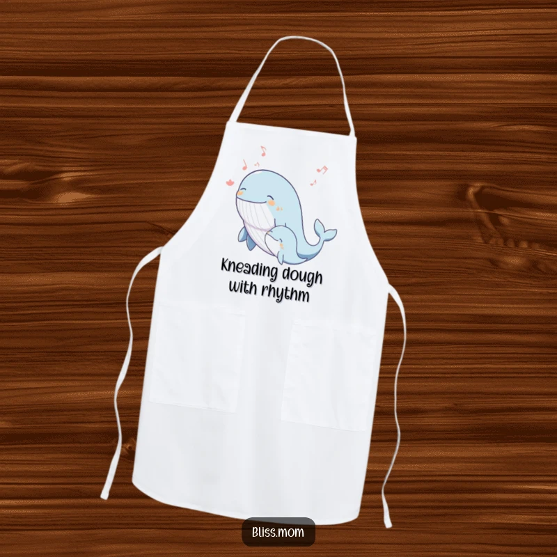Funny whale mom apron featuring a blissful mother whale singing a joyous melody with her calf, adding charm to cooking.