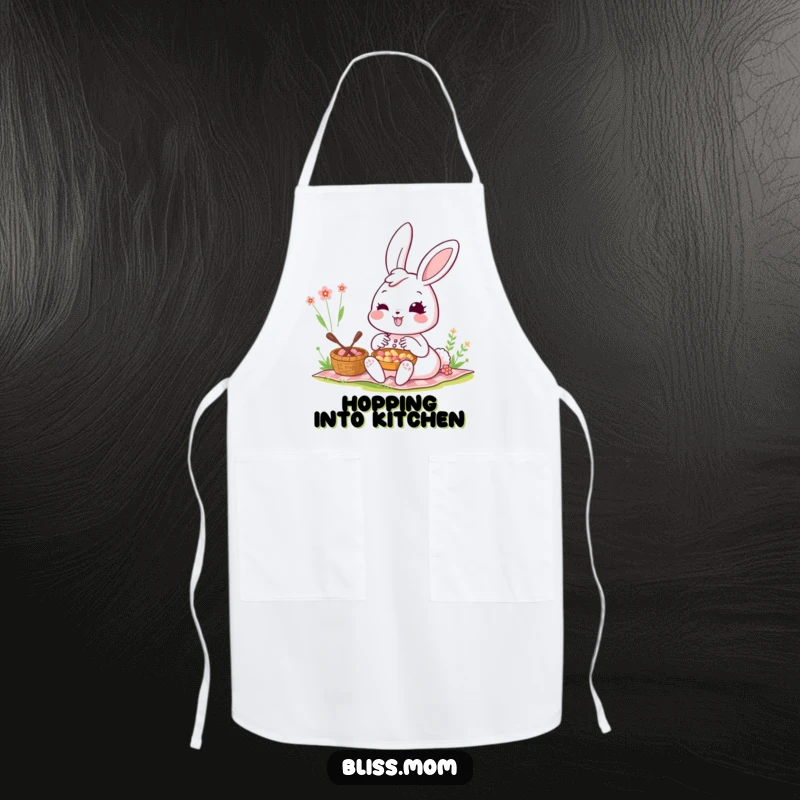 Funny Kawaii Bunny Mom Apron: A bunny mom smiles radiantly at a picnic. Functional and humorous accessory for the kitchen.