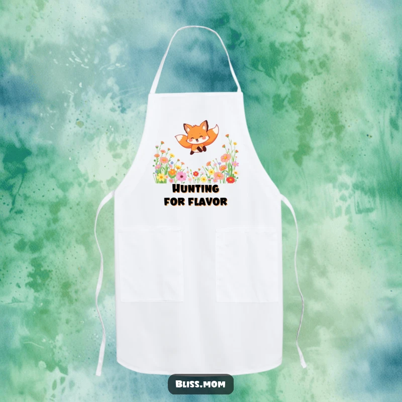Funny apron designed with a gleeful fox leaping through wildflowers, perfect for adding cheer to cooking and baking.
