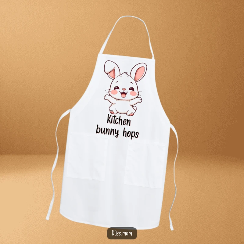 Funny joyful kawaii bunny with floppy ears bouncing excitedly, cute rabbit kitchen apron, baking fun, perfect funny gift.