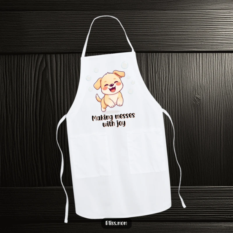 Funny apron featuring a kawaii puppy joyfully chasing bubbles, perfect for kitchen fun.