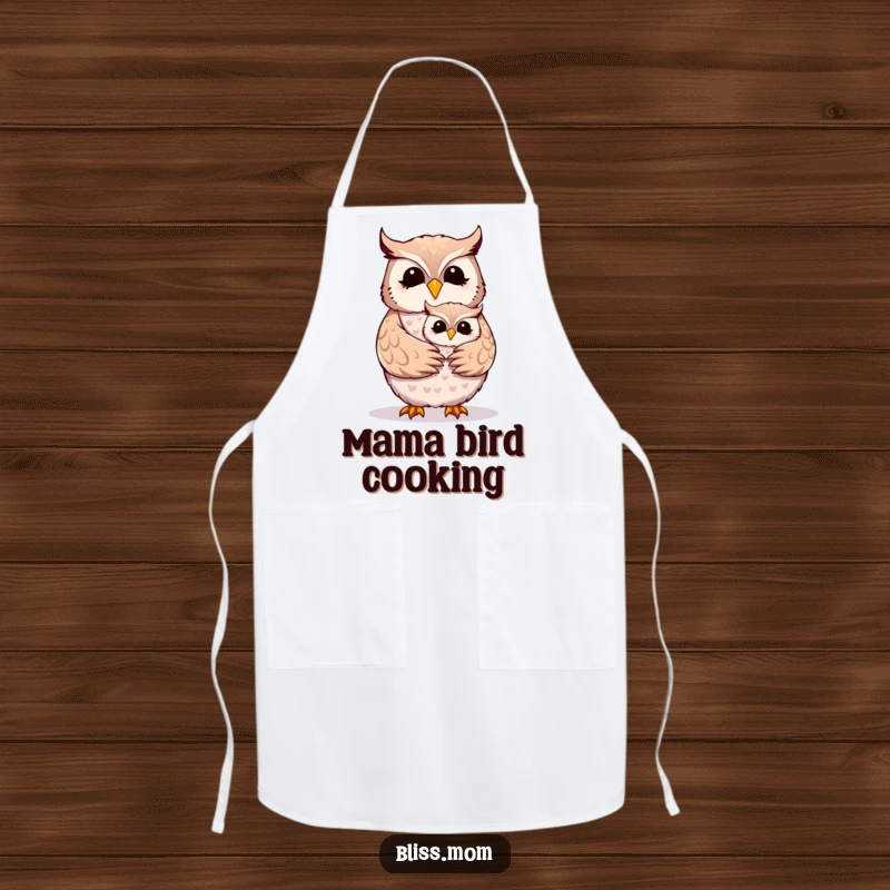 Funny Mother Owl apron showing a cheerful mom owl receiving a tender hug from its owlet.