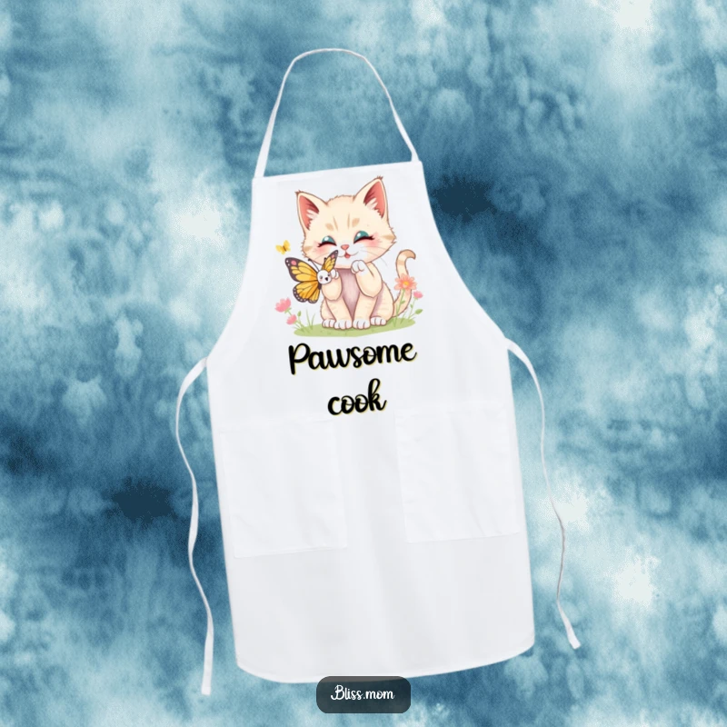 Funny kawaii kitten batting playfully at a butterfly, printed on a kitchen apron, adding a cute and humorous touch to cooking.